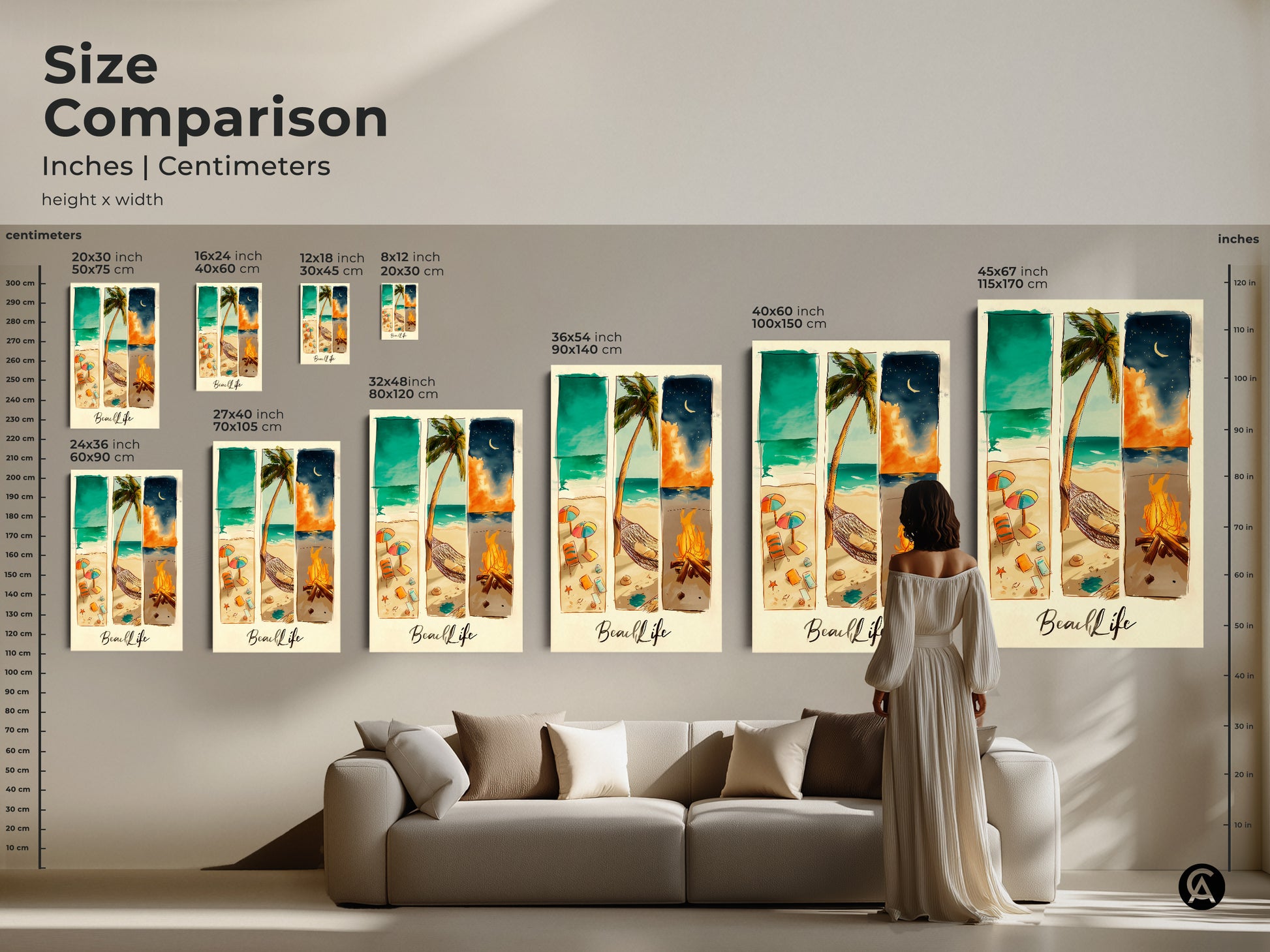 Size comparison of beach life artwork. This artwork is available in different sizes. It comes as a canvas or poster print. It features a collage of beach scenes. Buy yours today