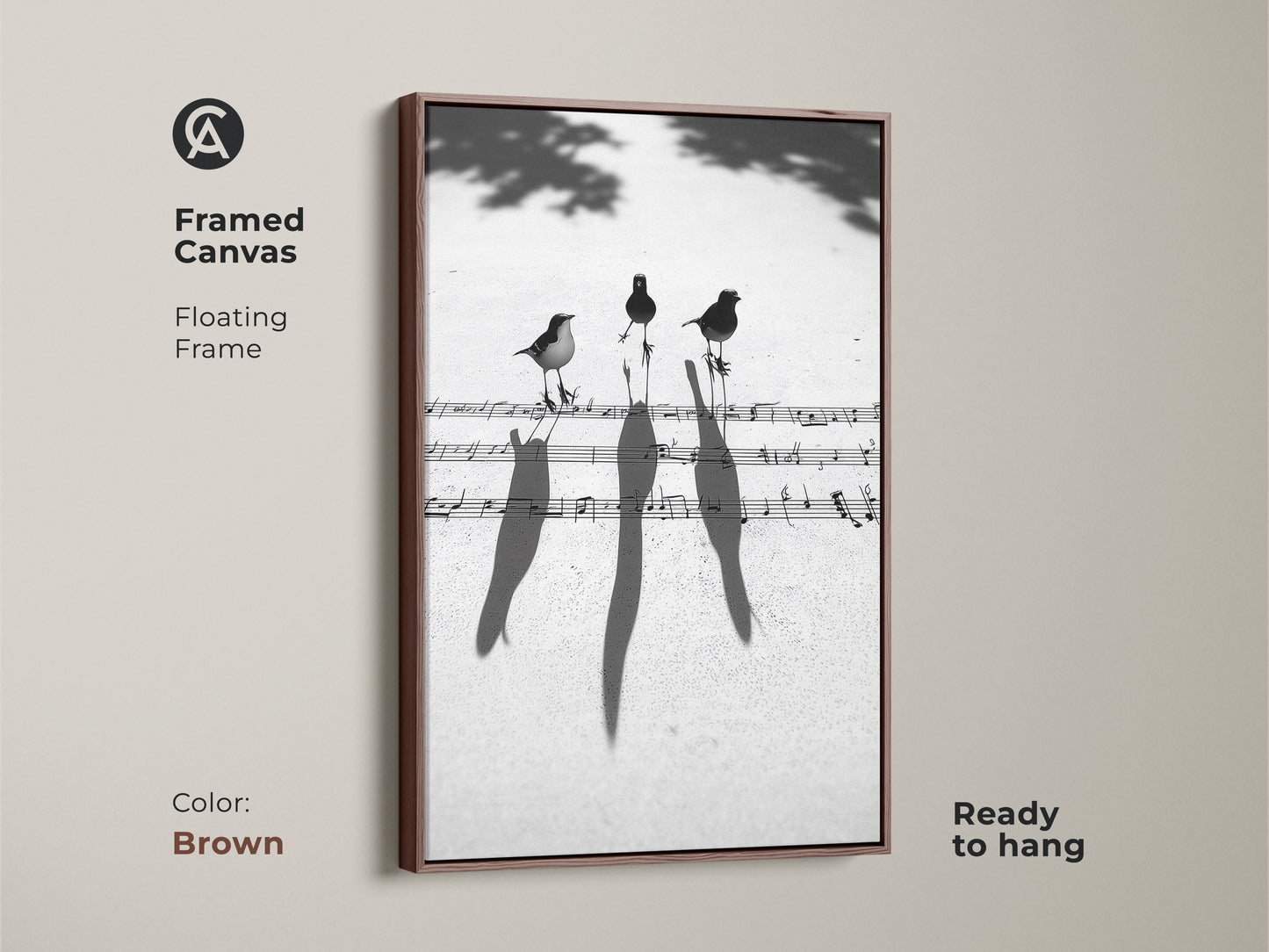 Brown framed canvas of a minimalist birds on music sheet art print. Contemporary floating frame is ready to hang. Ideal for a study or home office wall decor.