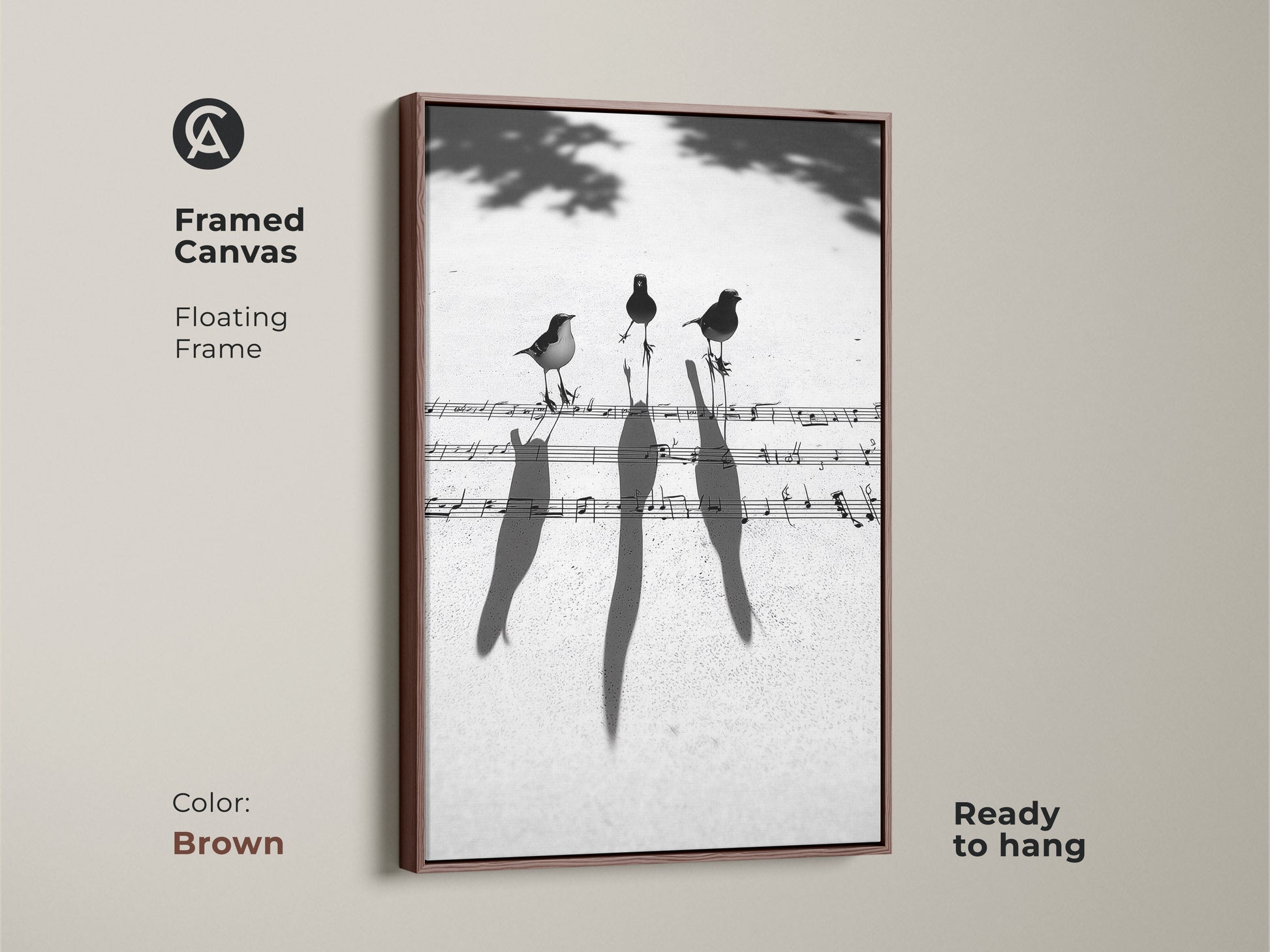 Brown framed canvas of a minimalist birds on music sheet art print. Contemporary floating frame is ready to hang. Ideal for a study or home office wall decor.