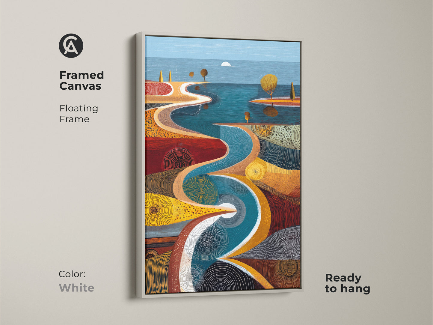 This framed canvas print features a white floating frame. The frame contains an abstract landscape art piece with a teal blue and orange river path. Enhance your home decor with this colorful abstract canvas.