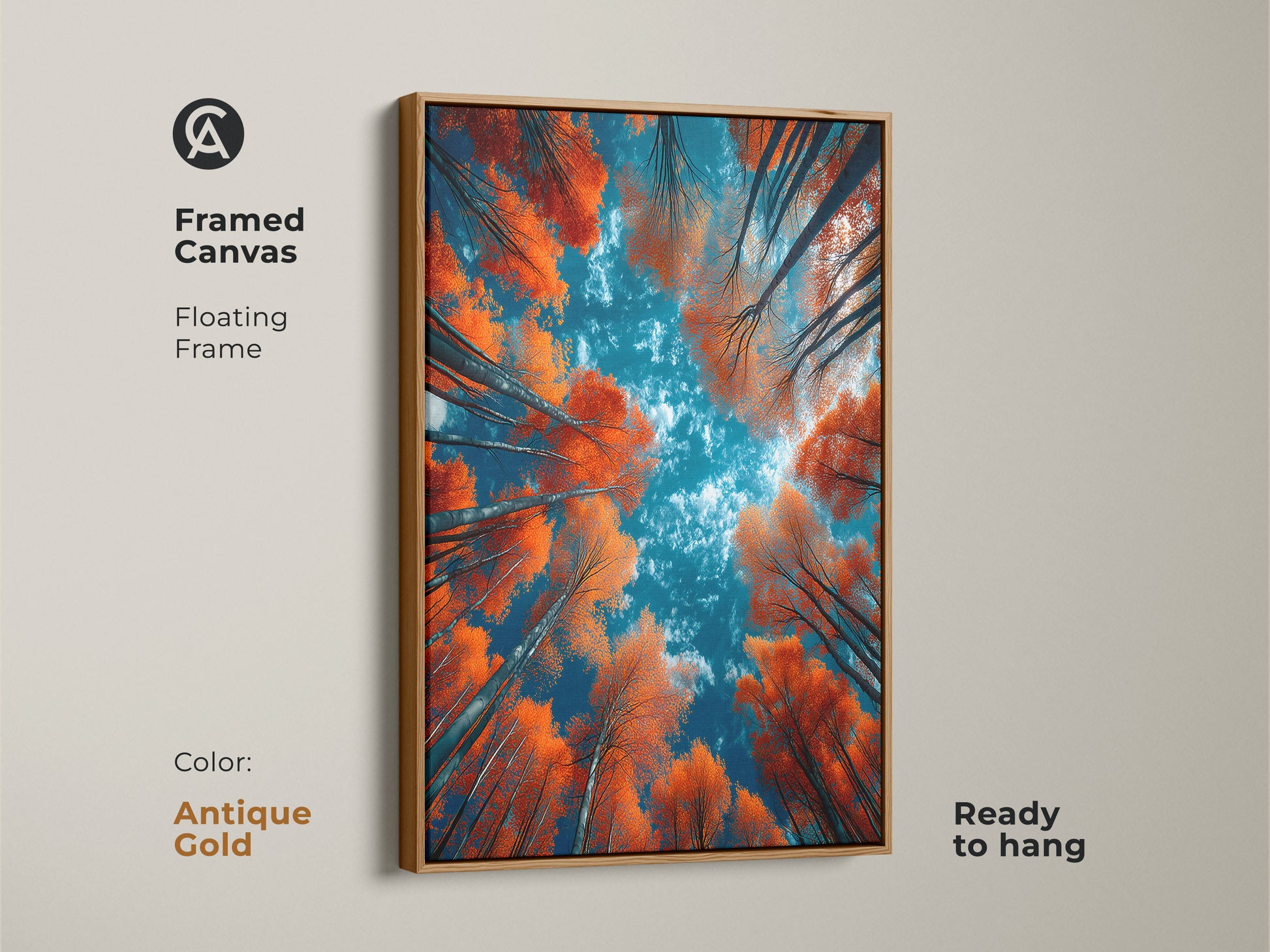 Framed canvas art featuring a vibrant forest with orange foliage and a blue sky. The antique gold floating frame adds a touch of sophistication. This ready-to-hang piece brings nature indoors. Shop now for unique framed artwork. Enhance your home's decor today.