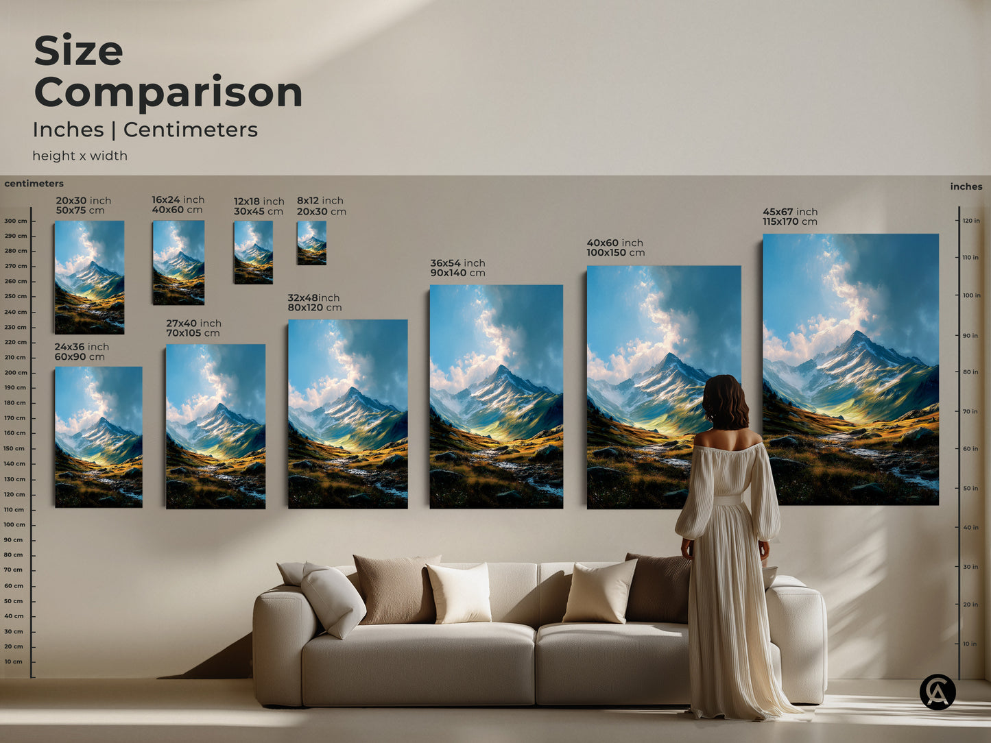 Size comparison of mountain landscape artwork in inches and centimeters. See how different sizes fit your space. Choose from canvas or poster prints. Transform your home with breathtaking mountain art.