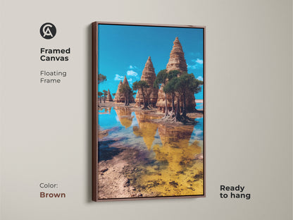Brown framed canvas featuring surreal temple landscape art. Eclectic wall art print in Art Nouveau travel style. Its blue brown and yellow tones create a captivating home decor. A unique housewarming gift for travelers. The scenic temple art evokes wonder.