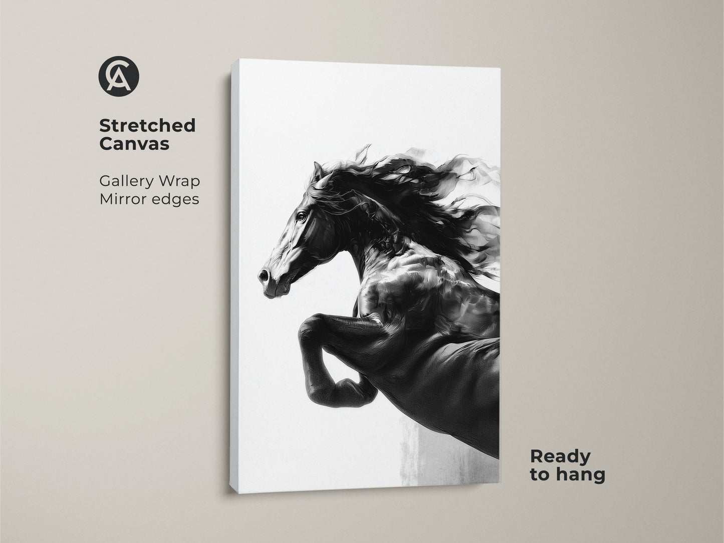 A stretched canvas of a monochrome horse art print. The black and white stallion artwork is ready to hang. Gallery wrapped with mirrored edges. This contemporary animal decor is a perfect gift for horse lovers. Enhance your space with equestrian home decor.