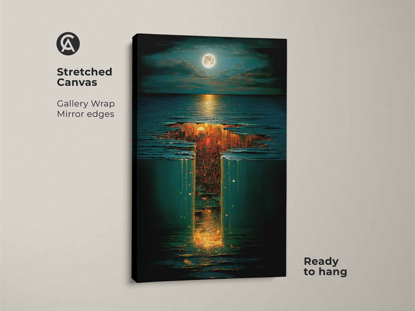 Stretched canvas surreal underwater city art with moonlit sky. This landscape print features golden orange and deep blue tones. Perfect eclectic bedroom decor or a romantic housewarming gift. The gallery wrap provides a polished modern look.