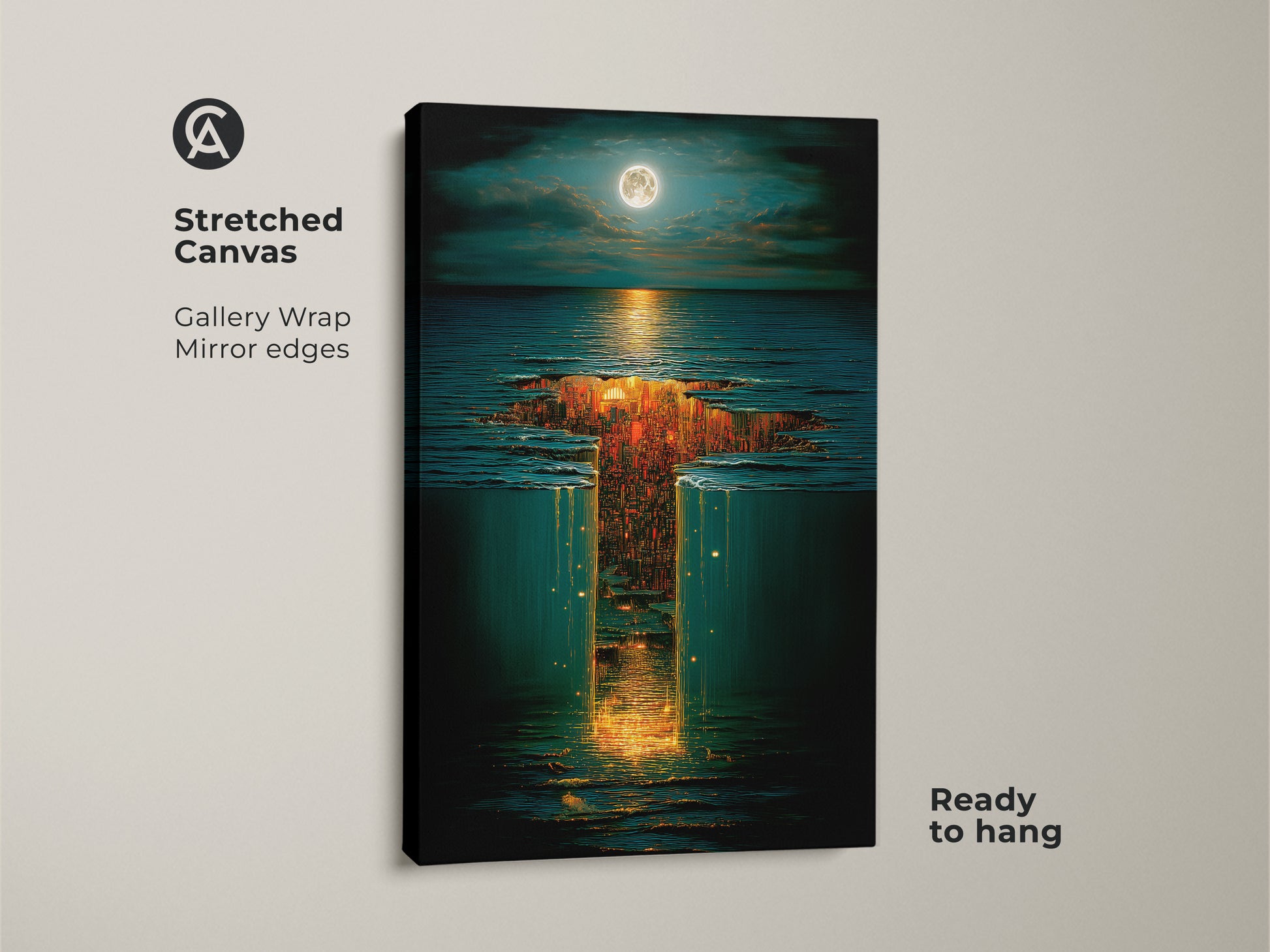 Stretched canvas surreal underwater city art with moonlit sky. This landscape print features golden orange and deep blue tones. Perfect eclectic bedroom decor or a romantic housewarming gift. The gallery wrap provides a polished modern look.