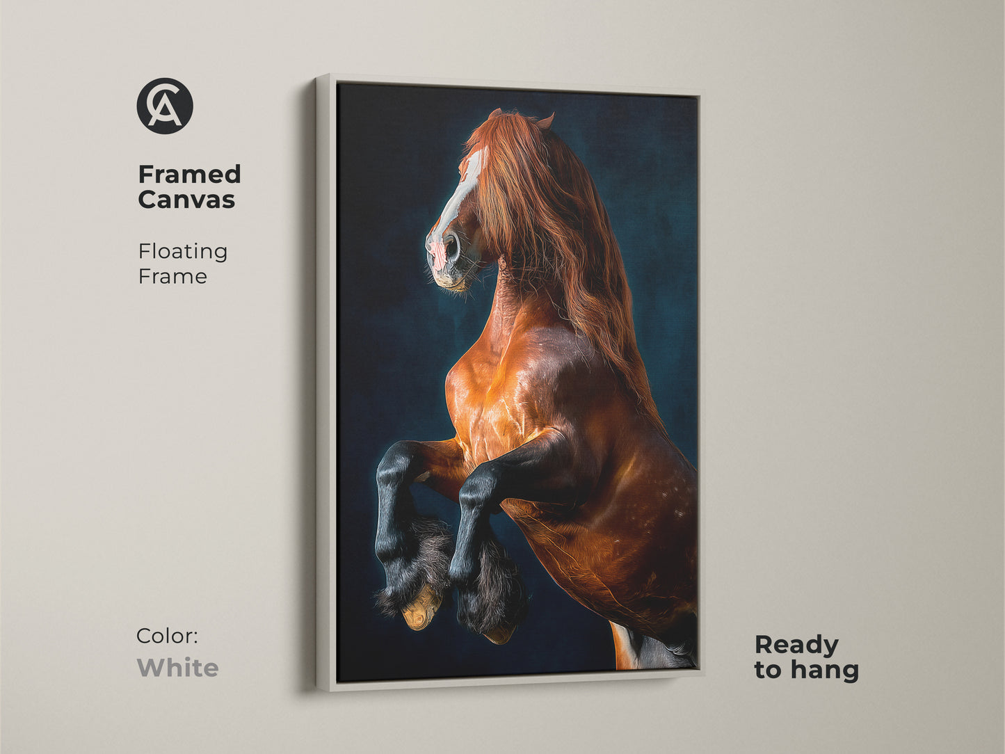 Equine animal artwork on framed canvas. A rearing brown horse brings contemporary wildlife decor to your space. Ready to hang with a clean white floating frame. The perfect gift for horse lovers seeking equestrian themed art. A striking focal point.