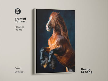 Equine animal artwork on framed canvas. A rearing brown horse brings contemporary wildlife decor to your space. Ready to hang with a clean white floating frame. The perfect gift for horse lovers seeking equestrian themed art. A striking focal point.