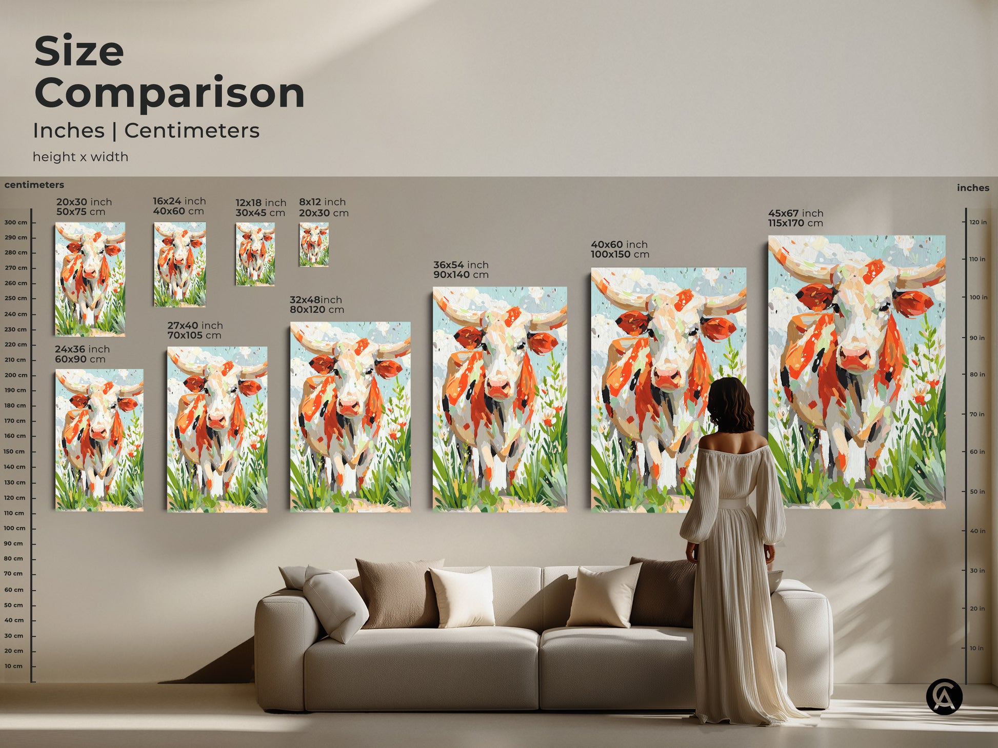 Compare sizes of longhorn cow art prints. Options include inches and centimeters. See how the artwork scales in various room settings. Find the perfect size for your space and style.