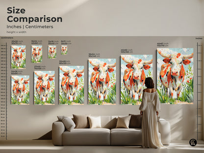 Compare sizes of longhorn cow art prints. Options include inches and centimeters. See how the artwork scales in various room settings. Find the perfect size for your space and style.