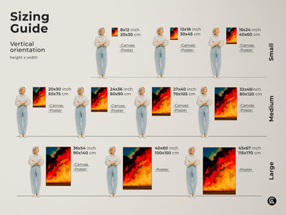 Size comparison of abstract mountain fire artwork in various sizes. See how the art looks above a couch. Available as canvas or poster print. Sizes range from small to large. The art features fiery red golden yellow and black offering a bold statement.