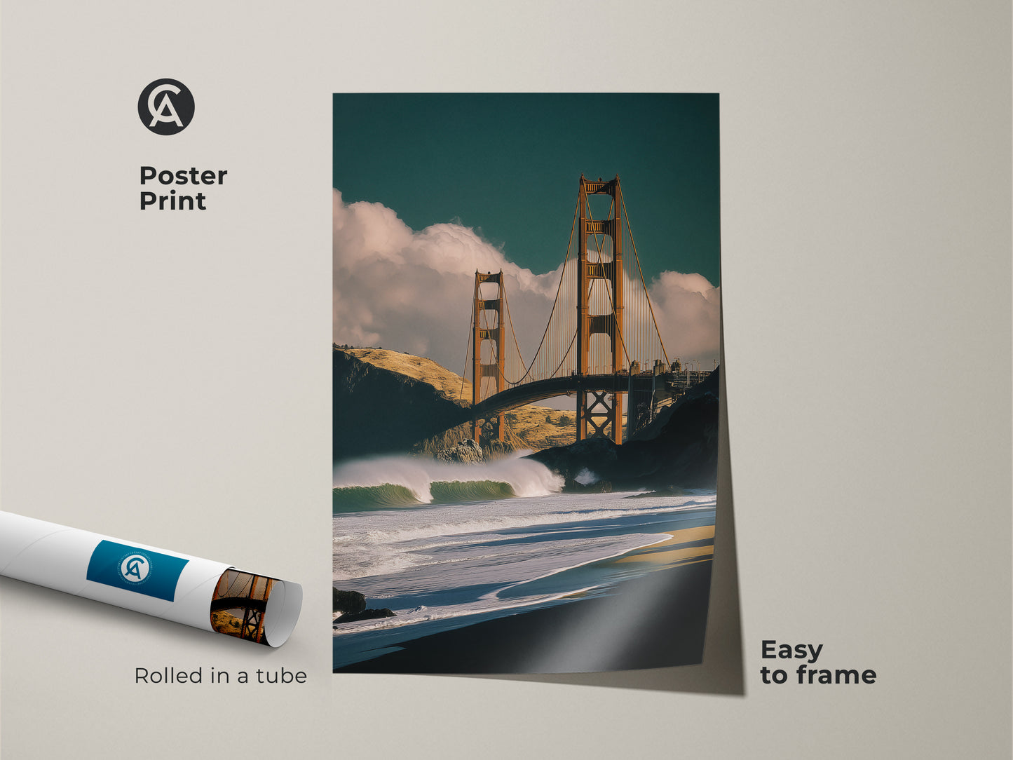 Poster print of the Golden Gate Bridge and ocean waves. San Francisco cityscape landscape decor. This contemporary travel gift is easy to frame. Perfect wanderlust wall art print.
