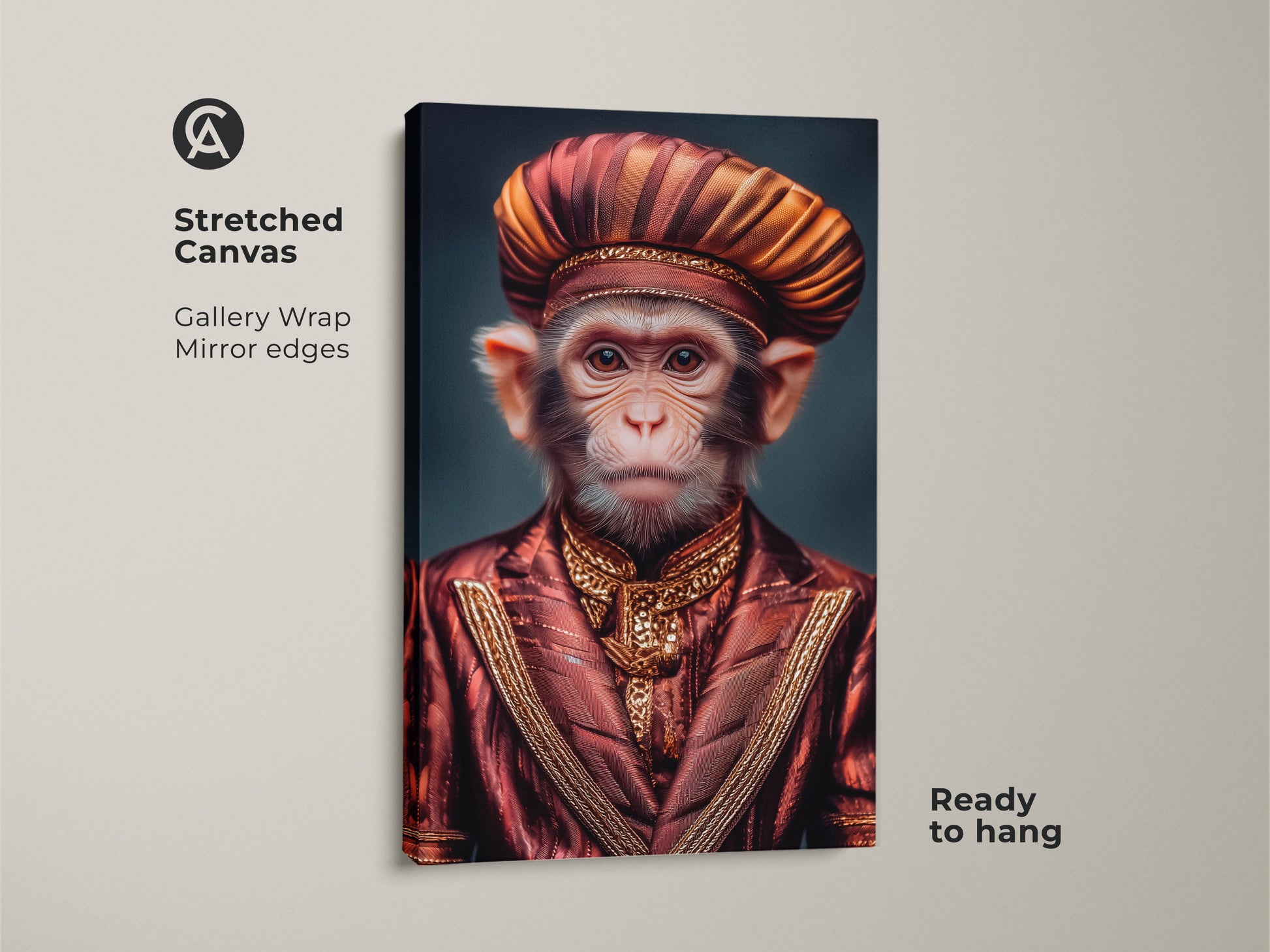 Close-up of a stretched canvas print featuring a regal monkey. The artwork is a surreal portrait of a monkey in a red and gold ornate suit and turban. Ready to hang it makes stylish office wall art. The eclectic animal wall art makes a conversation-starting element to any maximalist room decor.