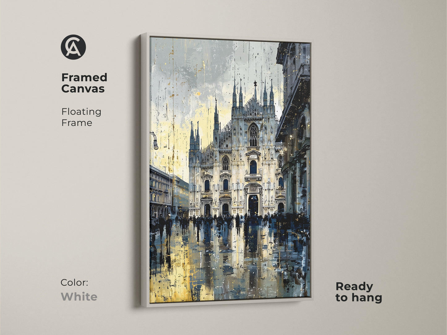 Framed Canvas in white showcasing Milan Cathedral artwork. Floating frame offers a clean modern look. Ready to hang for easy decorating. Urban street scene print brings contemporary art to your walls. Blue yellow and gray tones add a stylish touch.
