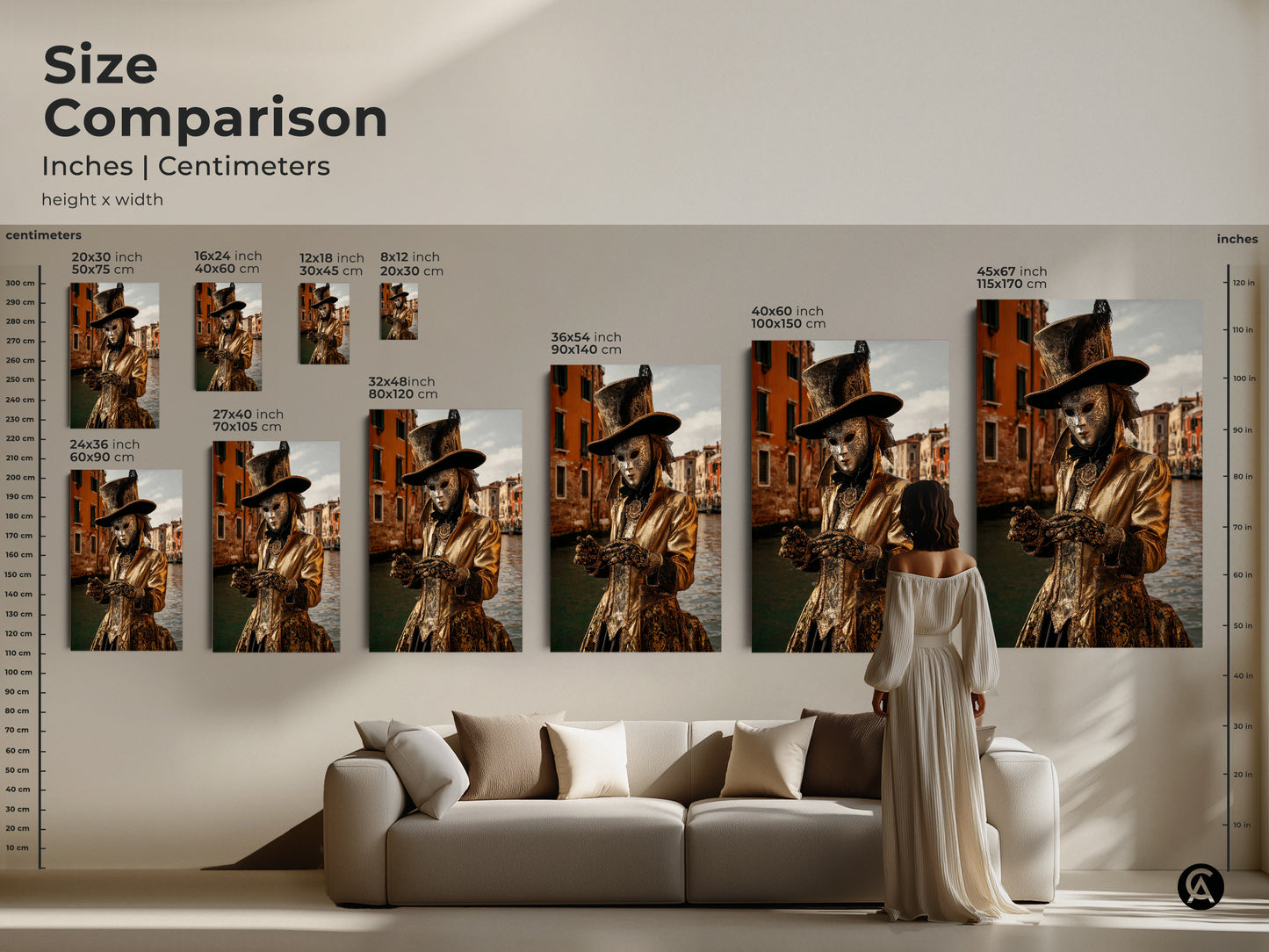 This size comparison showcases inches and centimeters. It shows the Venice Carnival art print in various sizes over a sofa. A woman stands to the side for scale. A variety of sizes are displayed here.