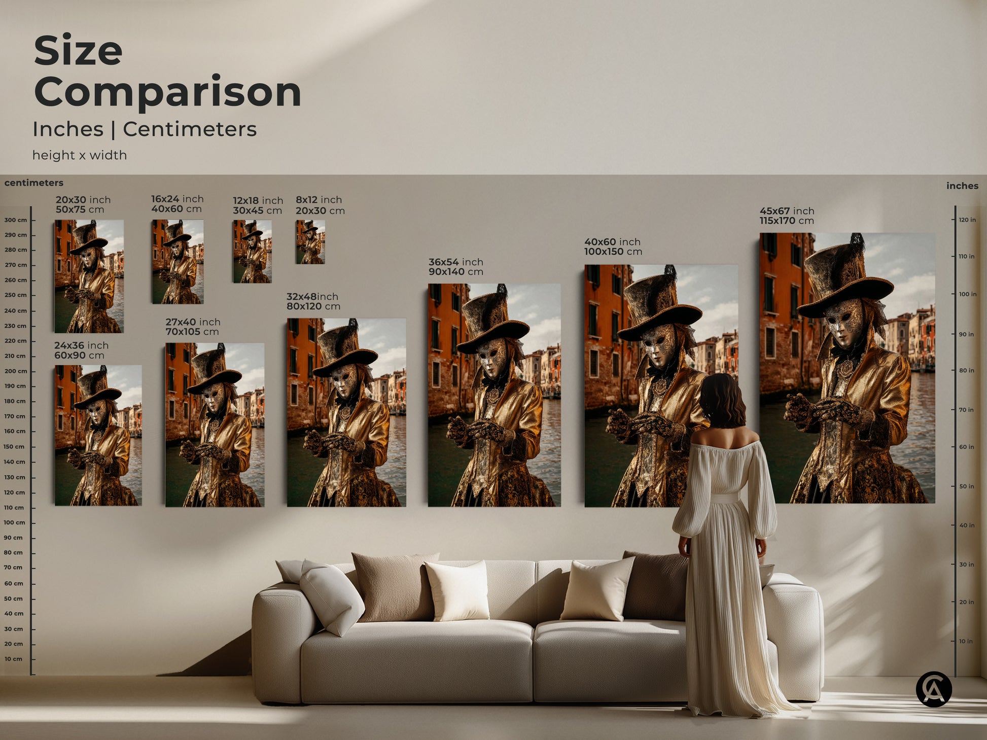 This size comparison showcases inches and centimeters. It shows the Venice Carnival art print in various sizes over a sofa. A woman stands to the side for scale. A variety of sizes are displayed here.