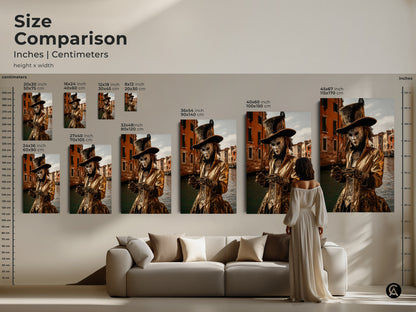 This size comparison showcases inches and centimeters. It shows the Venice Carnival art print in various sizes over a sofa. A woman stands to the side for scale. A variety of sizes are displayed here.