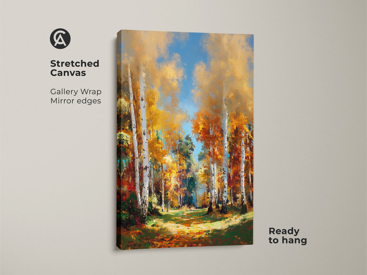 Stretched canvas print showcasing golden birch trees. This gallery wrapped artwork features mirror edges. The fine art is ready to hang. Perfect for home decor. Buy today!