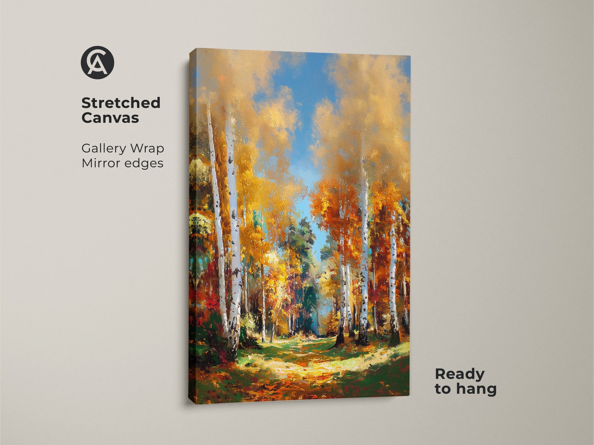 Stretched canvas print showcasing golden birch trees. This gallery wrapped artwork features mirror edges. The fine art is ready to hang. Perfect for home decor. Buy today!