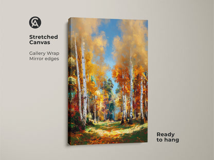 Stretched canvas print showcasing golden birch trees. This gallery wrapped artwork features mirror edges. The fine art is ready to hang. Perfect for home decor. Buy today!