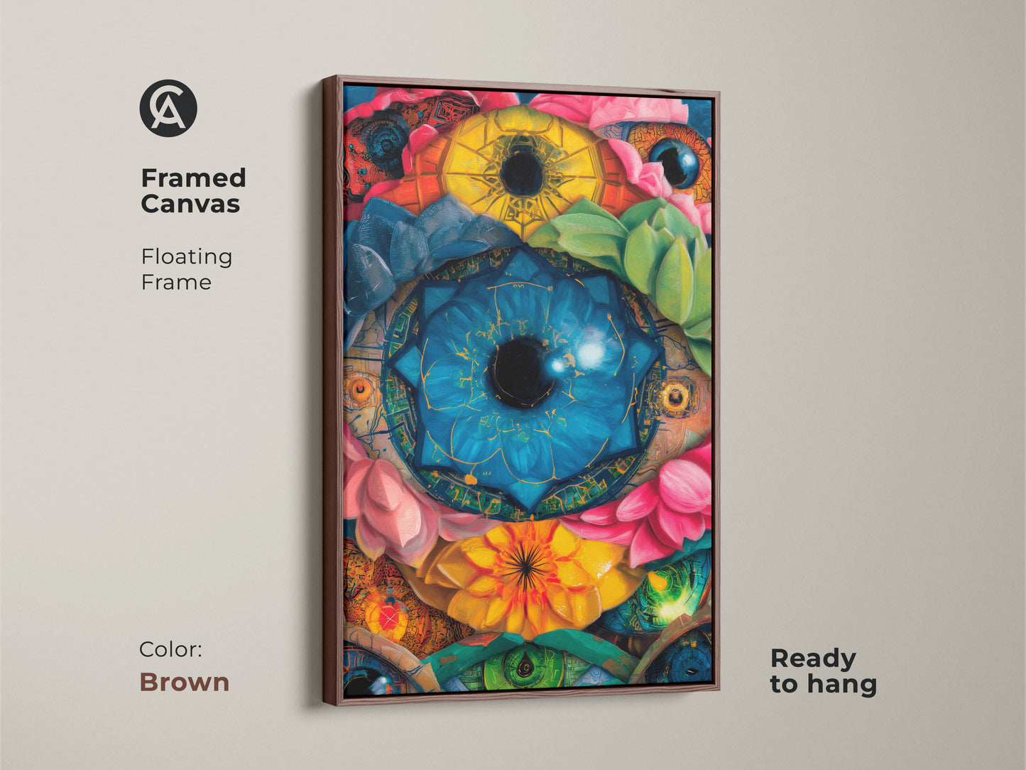 A framed canvas with a floating frame displays surreal eyes botanical art. The brown frame complements the vibrant colors. This psychedelic lotus succulent canvas is ready to hang adding a unique touch to your home. Blue yellow emerald green art for your walls.