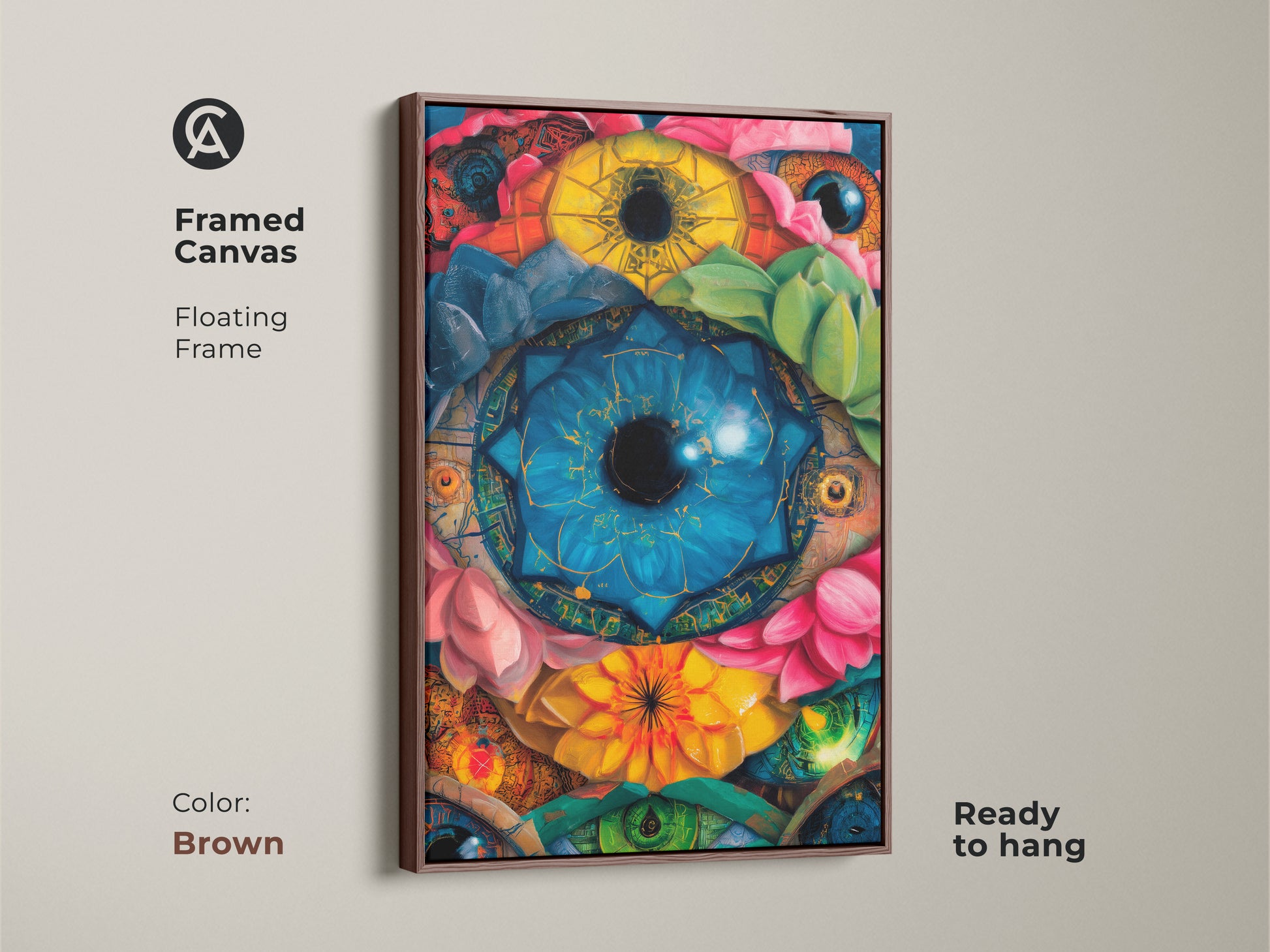 A framed canvas with a floating frame displays surreal eyes botanical art. The brown frame complements the vibrant colors. This psychedelic lotus succulent canvas is ready to hang adding a unique touch to your home. Blue yellow emerald green art for your walls.