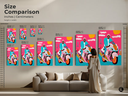 Size comparison of pop art motorcycle canvases in inches and centimeters. The vibrant cityscape wall art is displayed in various sizes above a couch to show the scale. Brightly colored hot pink and turquoise graffiti style artwork.