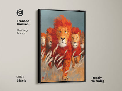 Framed canvas art featuring a majestic lion family. This African wildlife print has a floating frame in black. The orange and teal palette brings a bold touch to any space. Ready to hang this animal artwork transforms living rooms and bedrooms. A perfect gift for wildlife art collectors.