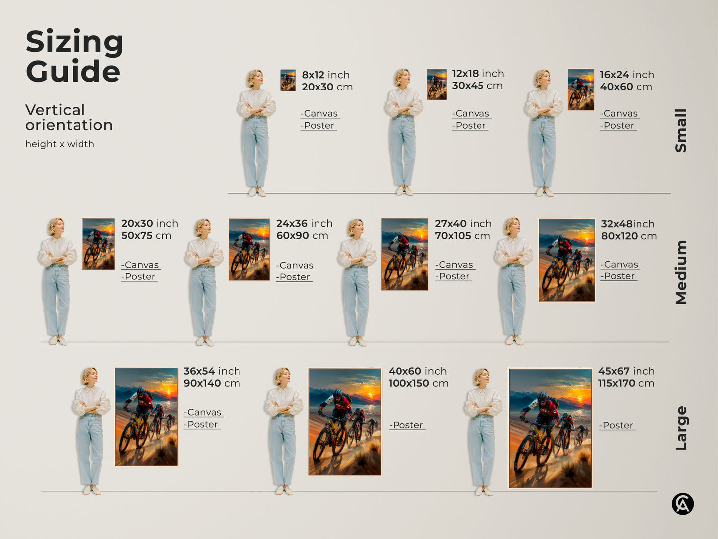 See the sizing guide for this vertical mountain biking canvas. Available in various sizes this sunset landscape wall art fits any space. It is offered as both canvas and poster prints. Ideal for adding a touch of adventure to your living room bedroom or office this cyclist artwork makes a bold statement.