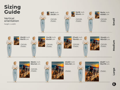 See the sizing guide for this vertical mountain biking canvas. Available in various sizes this sunset landscape wall art fits any space. It is offered as both canvas and poster prints. Ideal for adding a touch of adventure to your living room bedroom or office this cyclist artwork makes a bold statement.