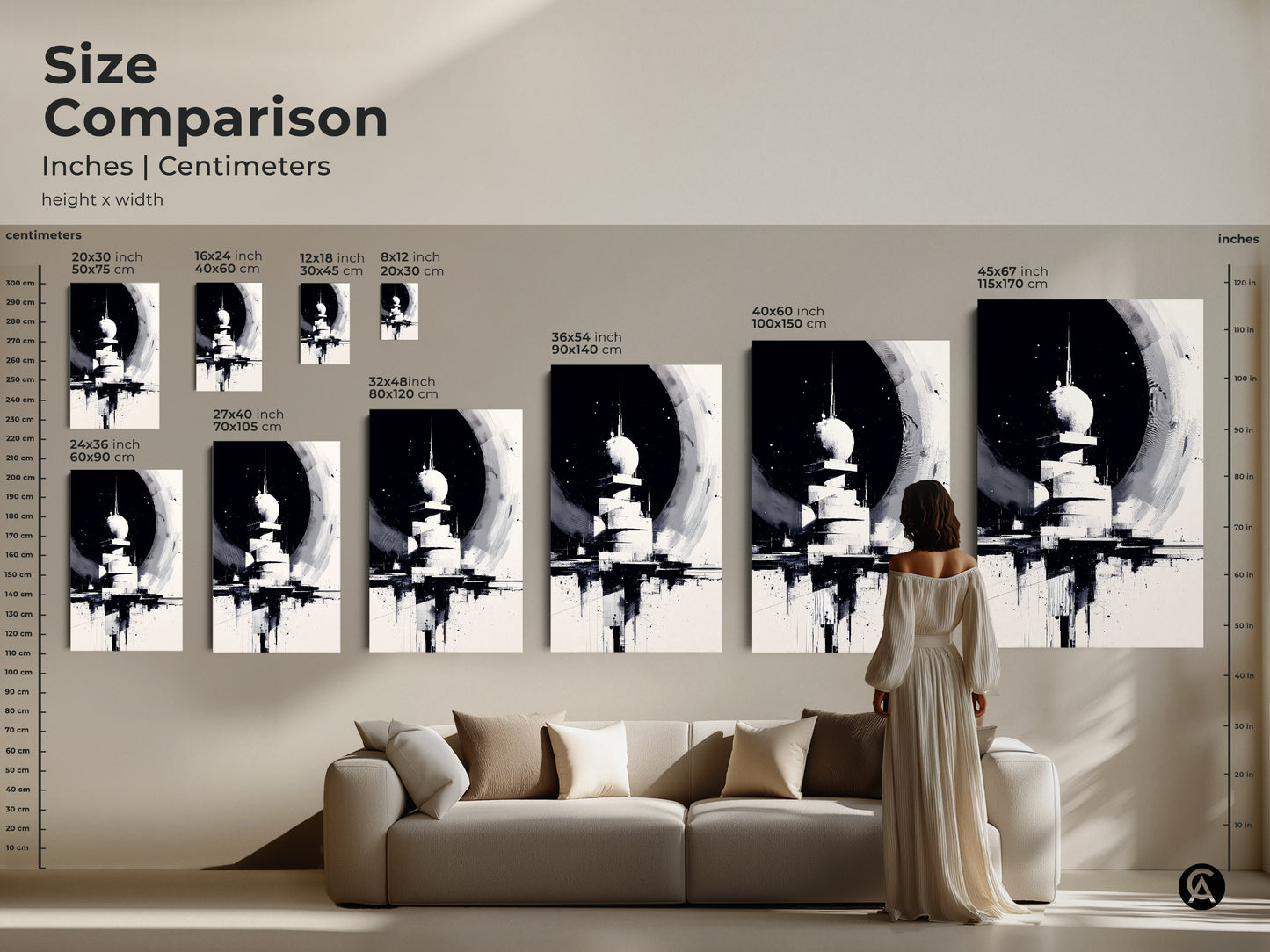 Size Comparison:  Abstract Tower artwork is displayed in various sizes. Ranging from small to extra-large above a sofa to showcase scale. The monochrome cityscape art options allows easy coordination for home decor.