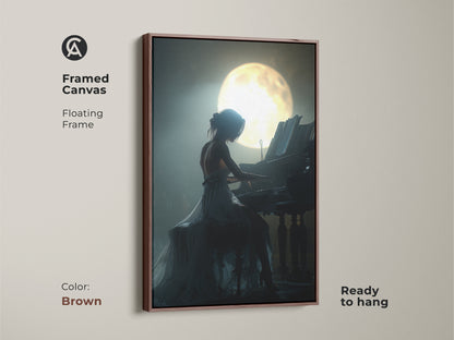 Framed canvas of a woman playing piano under moonlight. The brown floating frame is ready to hang. The romantic music artwork uses deep blue teal colors. This elegant wall hanging is a great gift for music lovers. It's also a great anniversary gift wall art.