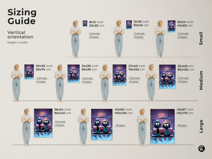 Find the perfect size with this sizing guide featuring funny cats on a ski lift. See how the cartoon cat ski lift art fits in different spaces. Various sizes are available for the winter animals wall decor. This ensures a perfect fit for your eclectic home decor needs. Choose the ideal size today.