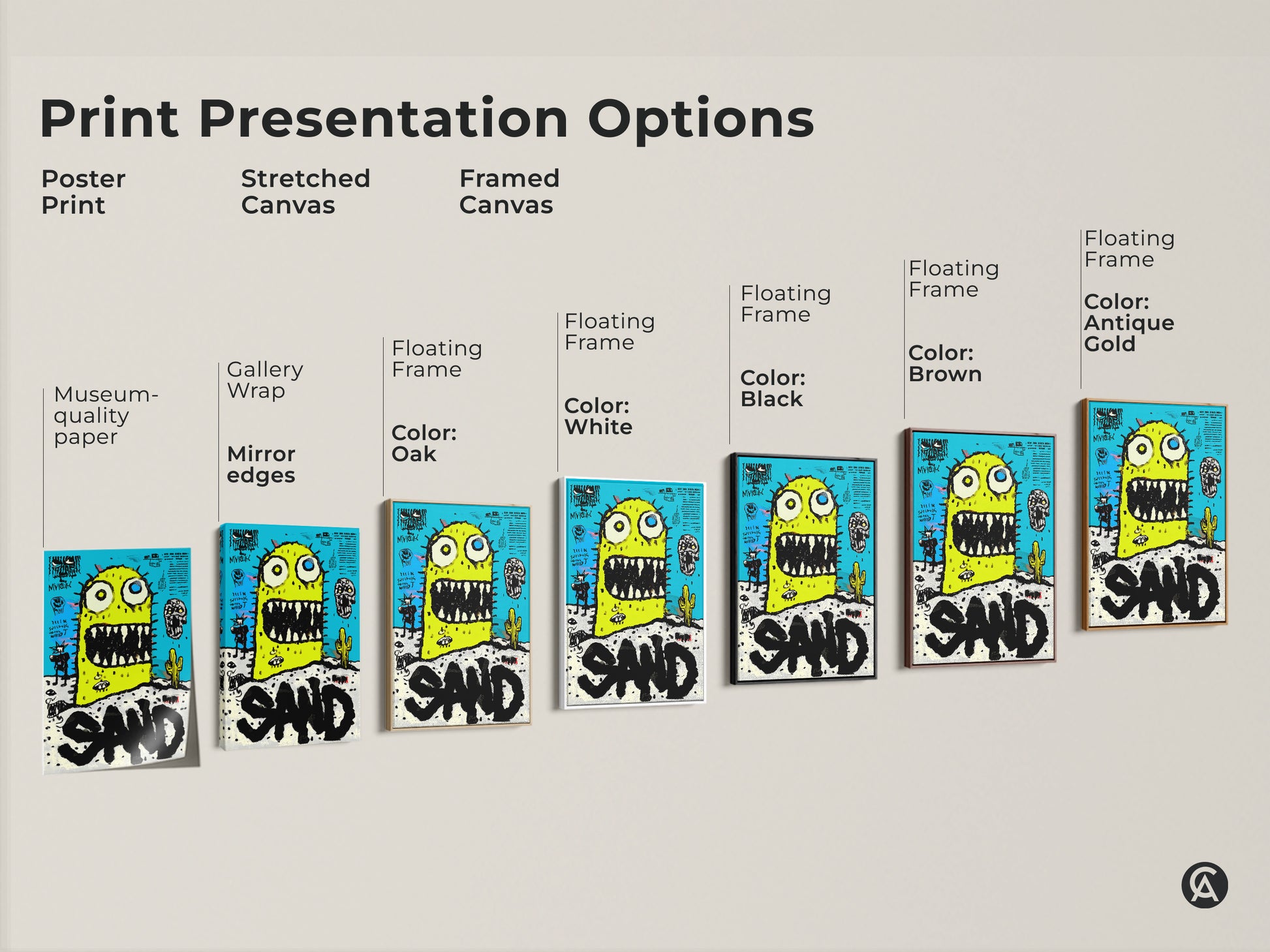 Explore print presentation options for the whimsical monster in the desert art. Choose from poster prints stretched canvas and framed canvas. Options include black brown antique gold and white frames. Find the perfect art to match your style. Shop now