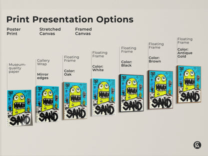 Explore print presentation options for the whimsical monster in the desert art. Choose from poster prints stretched canvas and framed canvas. Options include black brown antique gold and white frames. Find the perfect art to match your style. Shop now