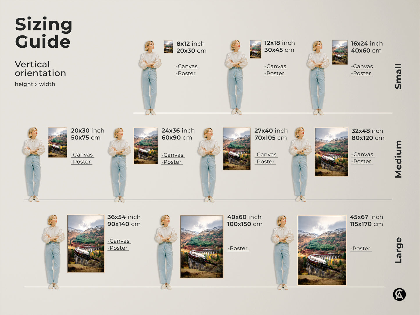 A sizing guide shows various vertical orientations of this scenic railway wall art. See how the vintage steam train art print fits in different sizes. Choose the perfect autumn forest decor in canvas or poster form. Envision this traditional train artwork in your space.