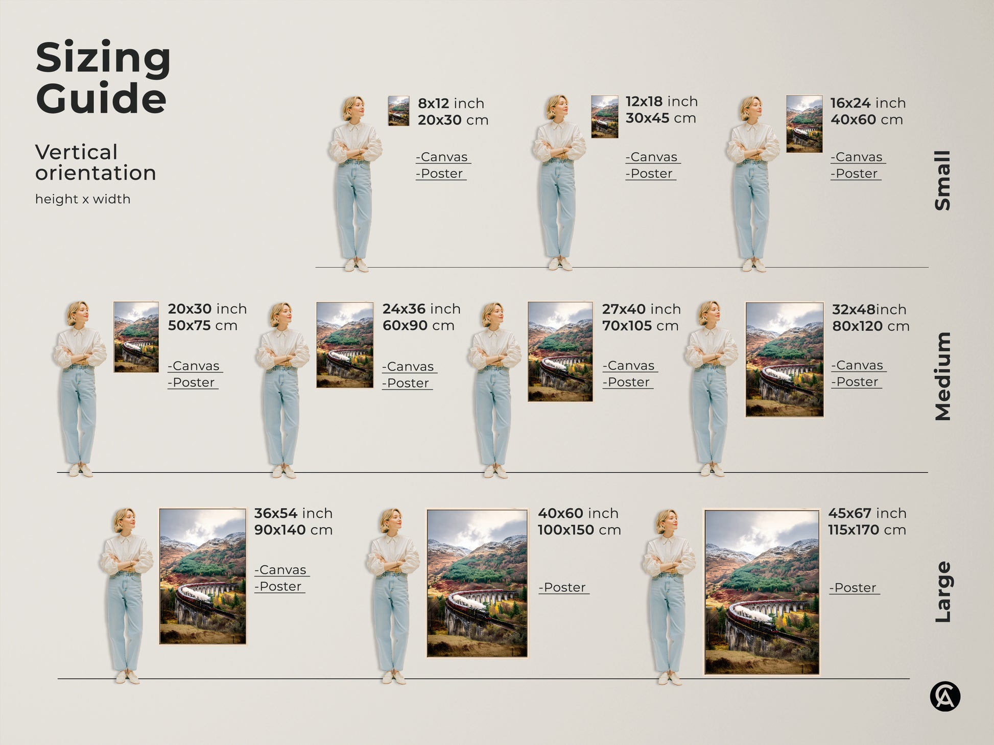 A sizing guide shows various vertical orientations of this scenic railway wall art. See how the vintage steam train art print fits in different sizes. Choose the perfect autumn forest decor in canvas or poster form. Envision this traditional train artwork in your space.