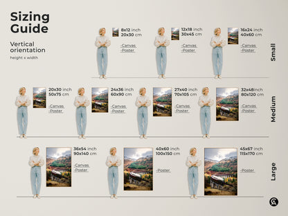 A sizing guide shows various vertical orientations of this scenic railway wall art. See how the vintage steam train art print fits in different sizes. Choose the perfect autumn forest decor in canvas or poster form. Envision this traditional train artwork in your space.