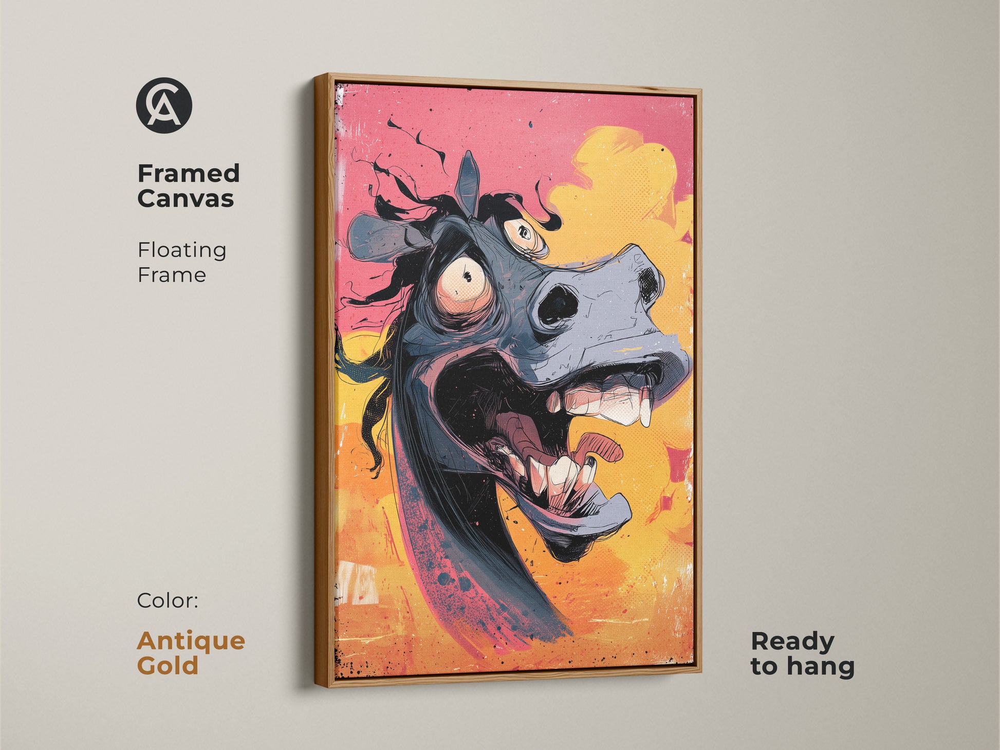 Framed canvas floating frame in antique gold showcasing cartoon horse wall art. This funny animal print is perfect for eclectic decor. It's a great gift for horse lovers. The humorous horse portrait adds a unique touch to any space. Ready to hang.