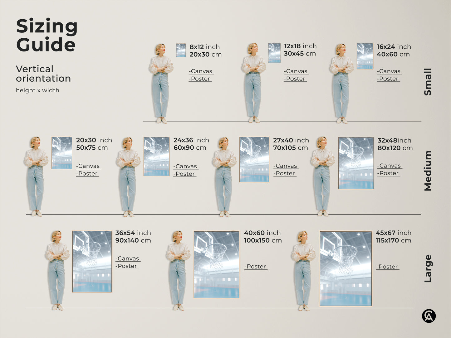 Vertical orientation sizing guide for basketball hoop art. Available in sizes from small to large. Options include canvas and poster prints. Sizes range from 8x12 inches to 45x67 inches. Find the perfect fit for any space and enhance your wall decor.