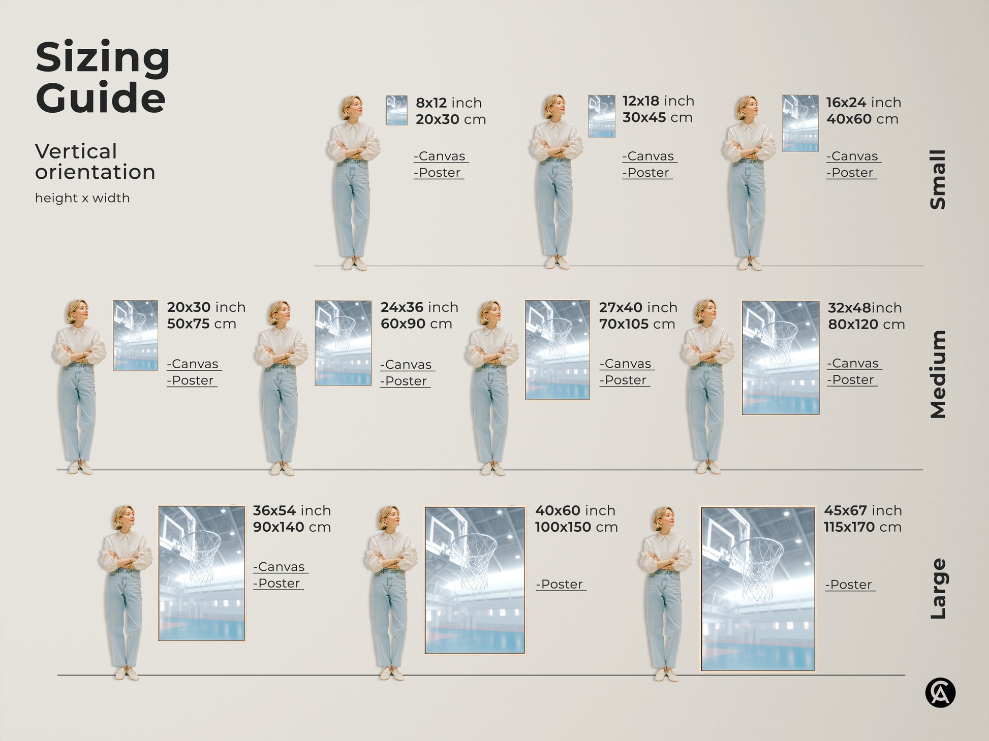 Vertical orientation sizing guide for basketball hoop art. Available in sizes from small to large. Options include canvas and poster prints. Sizes range from 8x12 inches to 45x67 inches. Find the perfect fit for any space and enhance your wall decor.