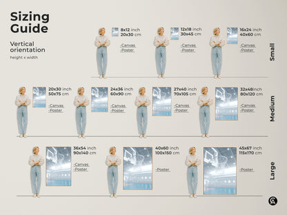 Vertical orientation sizing guide for basketball hoop art. Available in sizes from small to large. Options include canvas and poster prints. Sizes range from 8x12 inches to 45x67 inches. Find the perfect fit for any space and enhance your wall decor.