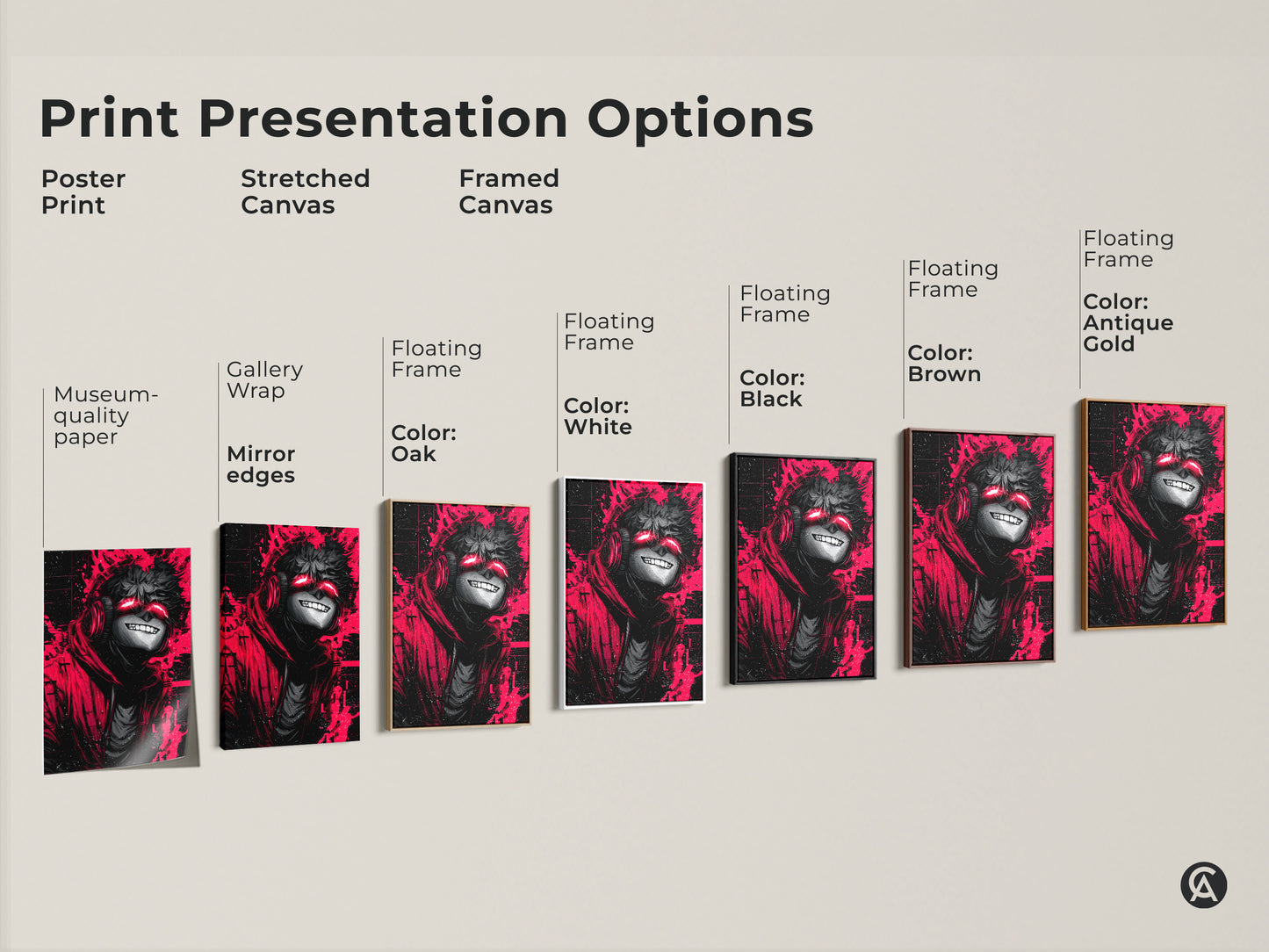 Explore our print presentation options. This artwork is available as a poster print stretched canvas and framed canvas. Customize your art to match your style. Choose from various floating frame colors. Shop now