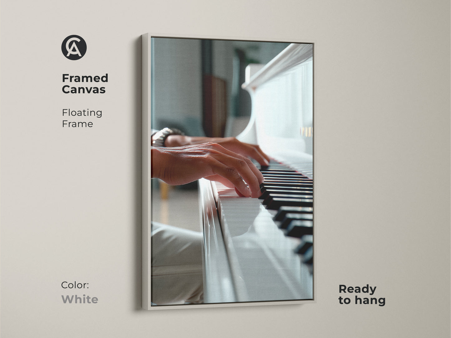 White framed canvas of a piano art piece. Close-up of hands playing a white grand piano. The floating frame offers a clean look. Ready to hang and brighten your space. Ideal for modern interiors. Purchase this elegant artwork