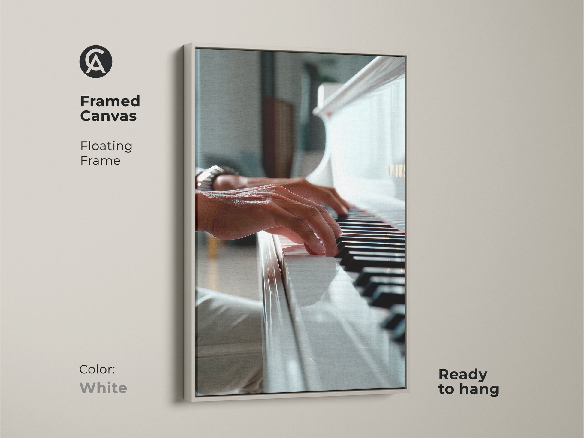 White framed canvas of a piano art piece. Close-up of hands playing a white grand piano. The floating frame offers a clean look. Ready to hang and brighten your space. Ideal for modern interiors. Purchase this elegant artwork