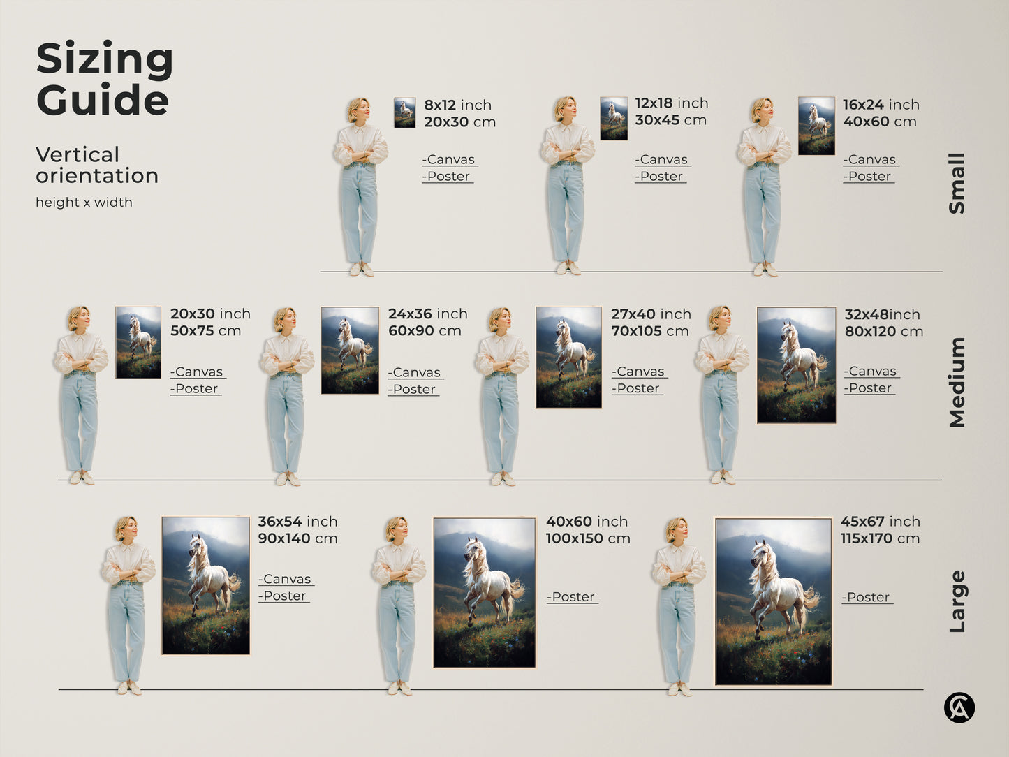 Sizing guide for vertical white horse canvas art prints. Find the perfect fit from small to large sizes. Options include canvas and poster prints. Visualize the artwork in various dimensions for your bedroom or living room decor needs. Great gift idea.