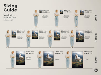 Sizing guide for vertical white horse canvas art prints. Find the perfect fit from small to large sizes. Options include canvas and poster prints. Visualize the artwork in various dimensions for your bedroom or living room decor needs. Great gift idea.