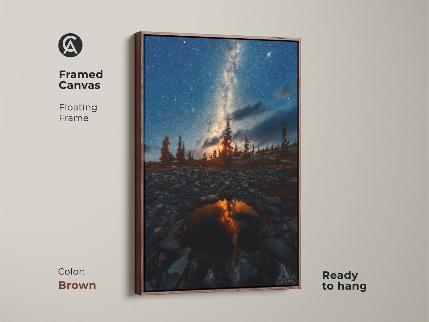 Framed Milky Way canvas print with a floating brown frame. The night sky art is ready to hang for easy display. It is a stunning astrophotography landscape with pine trees. This astronomy gift for him brings nature indoors. Perfect as rustic mountain decor or housewarming gift print.