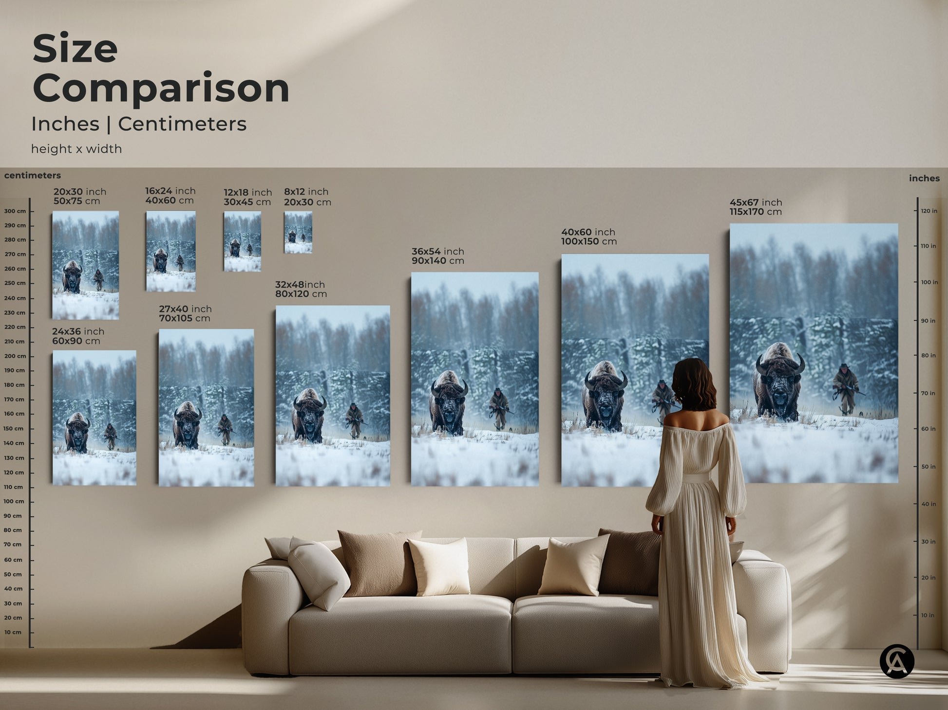 Size comparison of bison artwork in inches and centimeters. See how canvas and posters fit in a living room setting. Various sizes are available to suit your needs. Transform your space with impactful wildlife art. Find the perfect size for your home.