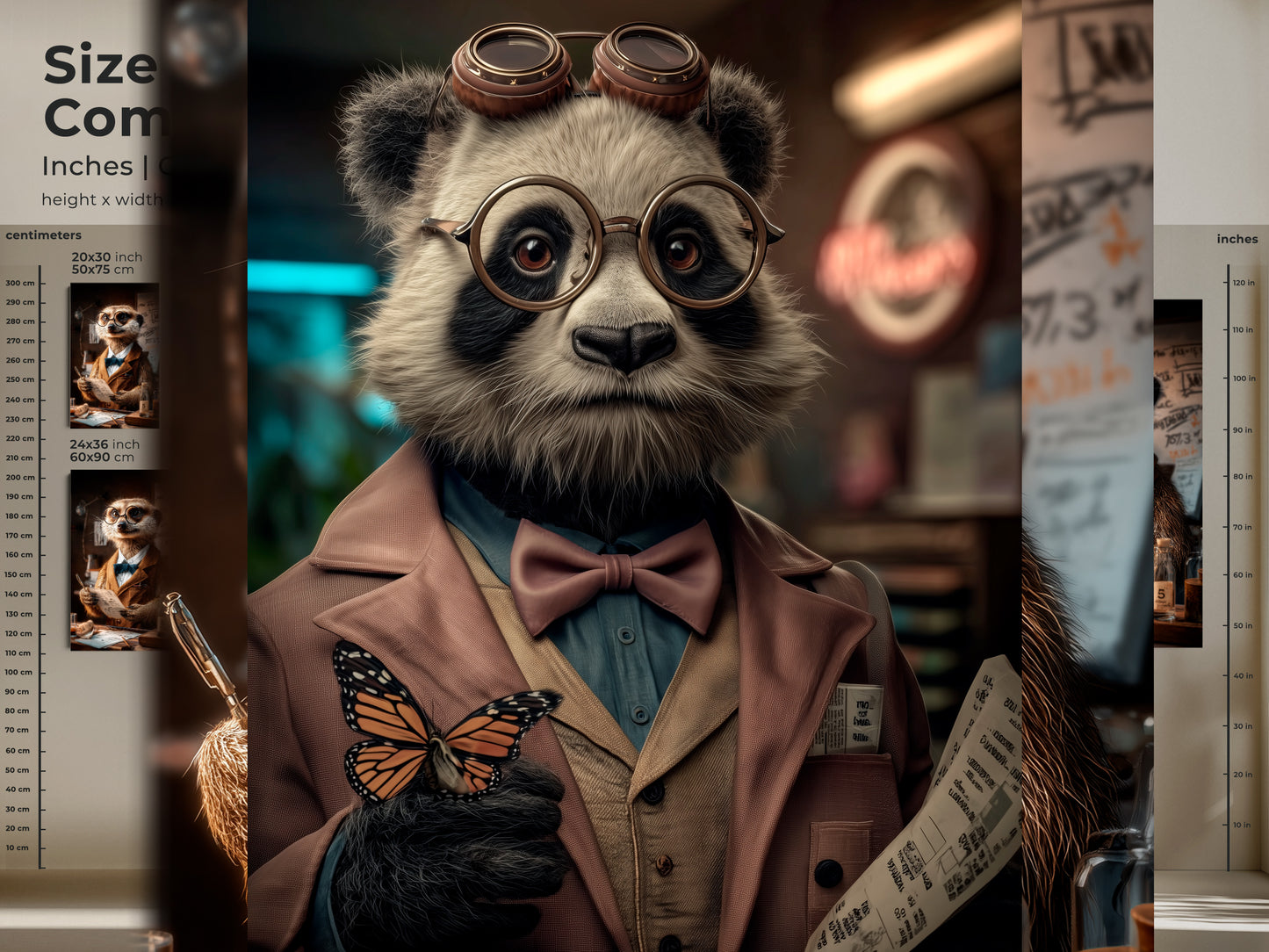 Close-up showcases the Steampunk Panda art print with a butterfly. The image highlights the brown orange and blue color palette. This surreal animal artwork is ideal for eclectic decor. Add intrigue to your home or office with this unique wall hanging.